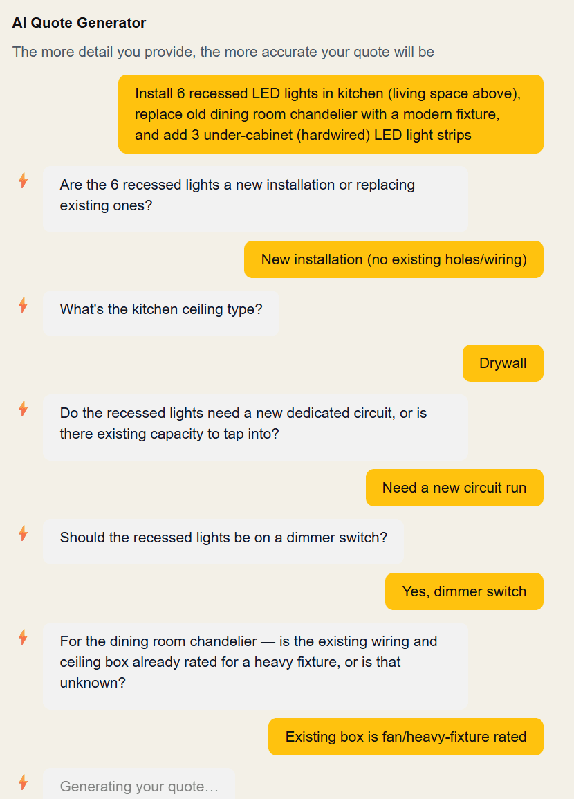 Sparky AI generating a quote from a job description